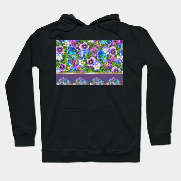 Beautiful Pansy Flowers Violet Viola Tricolor Floral Pattern. Watercolor Hand Drawn Decoration. Spring colorful pansies in bloom garden flowers. Hoodie by sofiartmedia